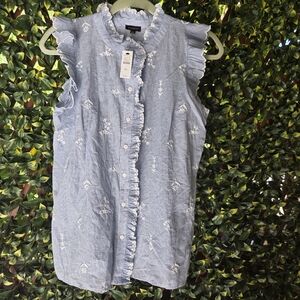 Talbots Sleeveless Blouse Embroidered Flowers Stripe Button Blue White XS NWT